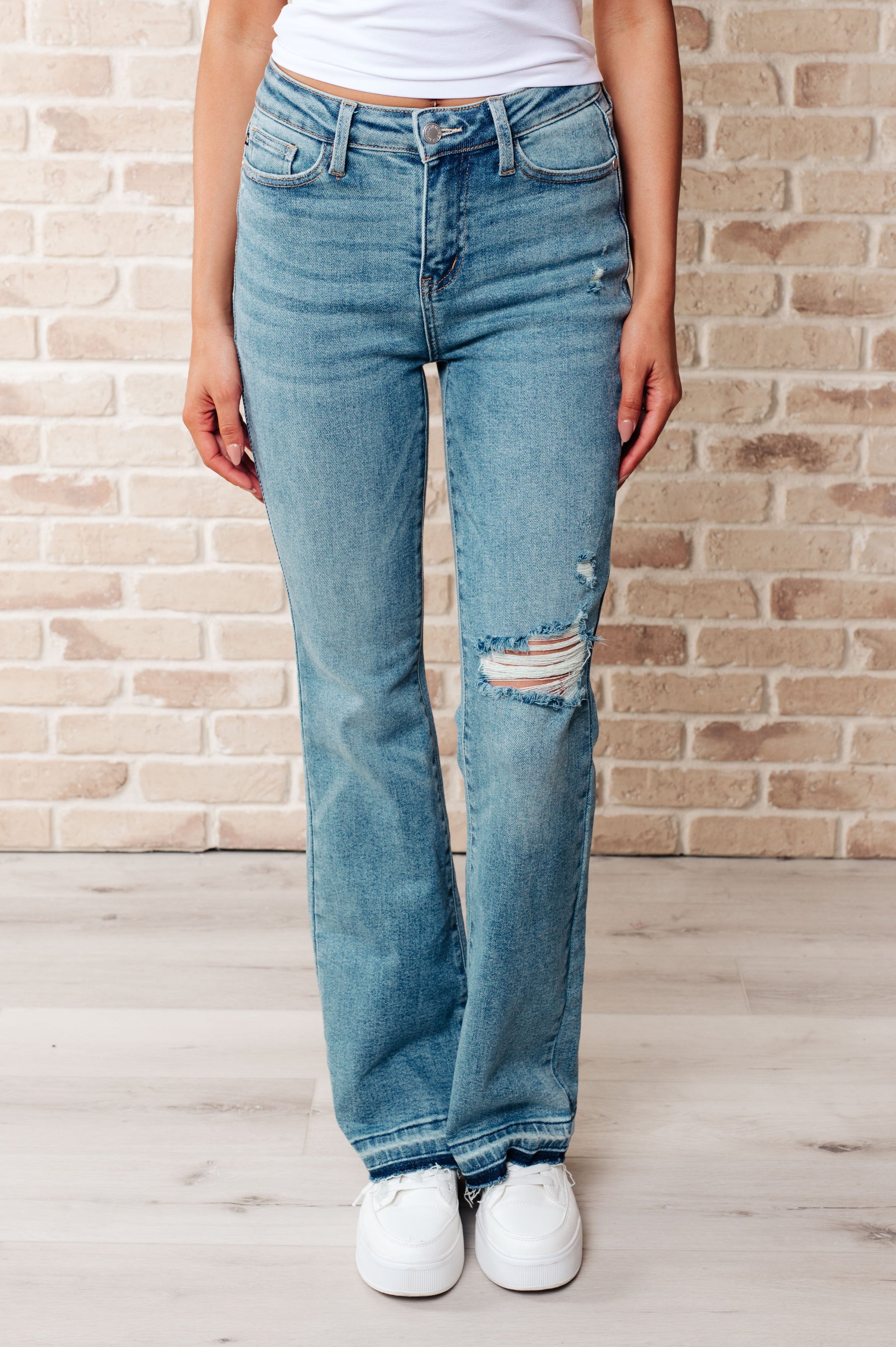 Isla Mid Rise Distressed Released Hem Bootcut Jeans - Southern Divas Boutique