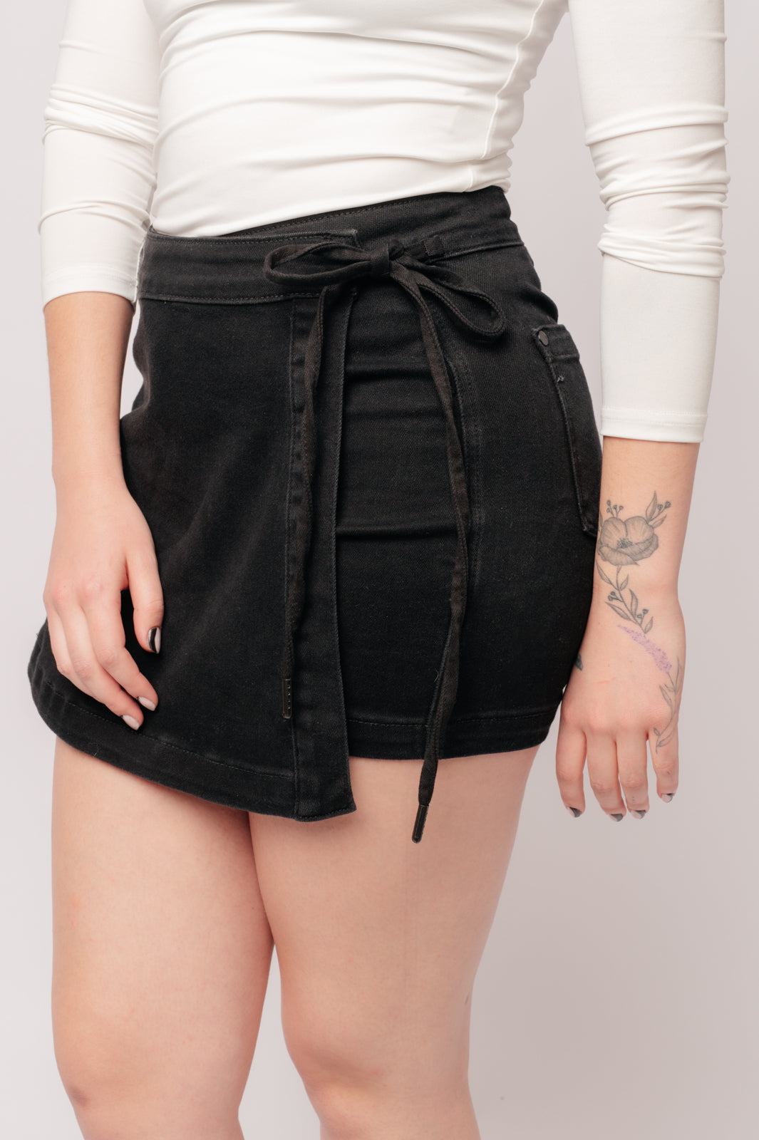 Bentli High Rise Side Tie Denim Skort in Black - Southern Divas Boutique