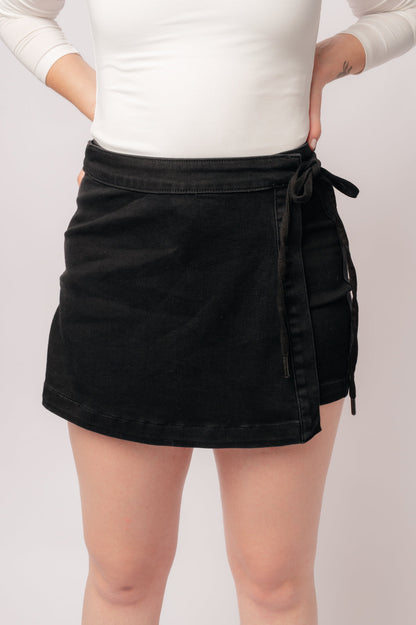 Bentli High Rise Side Tie Denim Skort in Black - Southern Divas Boutique