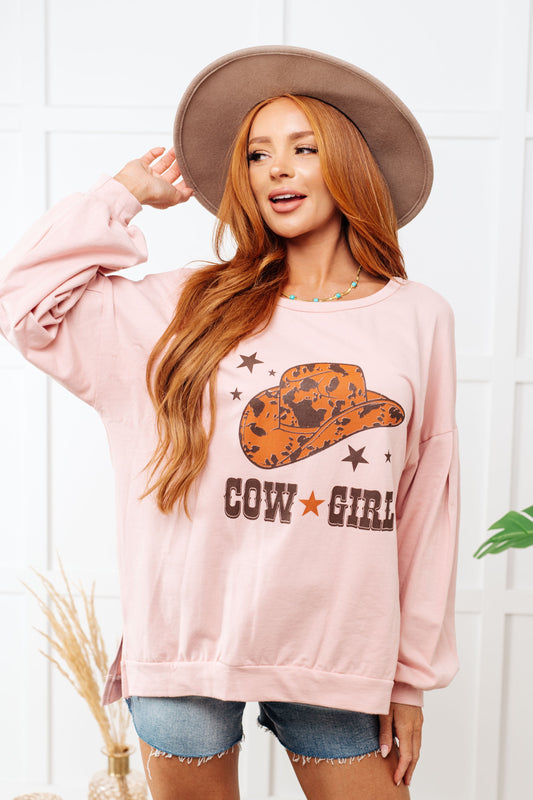 Cow Girl Graphic Pullover in Dusty Pink - Southern Divas Boutique