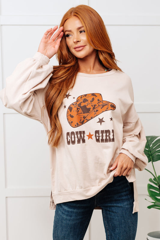 Cow Girl Graphic Pullover in Stone - Southern Divas Boutique