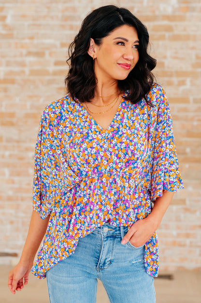 Dreamer Peplum Top in Purple Retro Ditsy Floral - Southern Divas Boutique