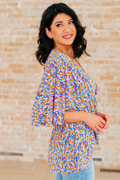 Dreamer Peplum Top in Purple Retro Ditsy Floral - Southern Divas Boutique