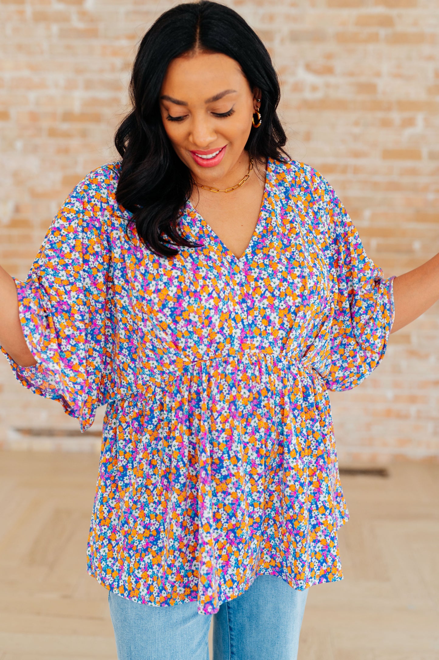 Dreamer Peplum Top in Purple Retro Ditsy Floral - Southern Divas Boutique