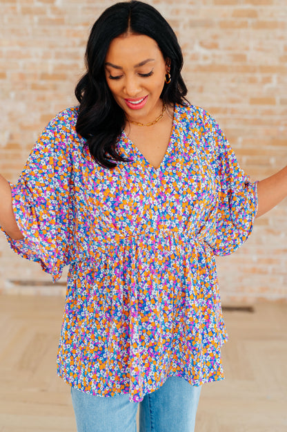 Dreamer Peplum Top in Purple Retro Ditsy Floral - Southern Divas Boutique