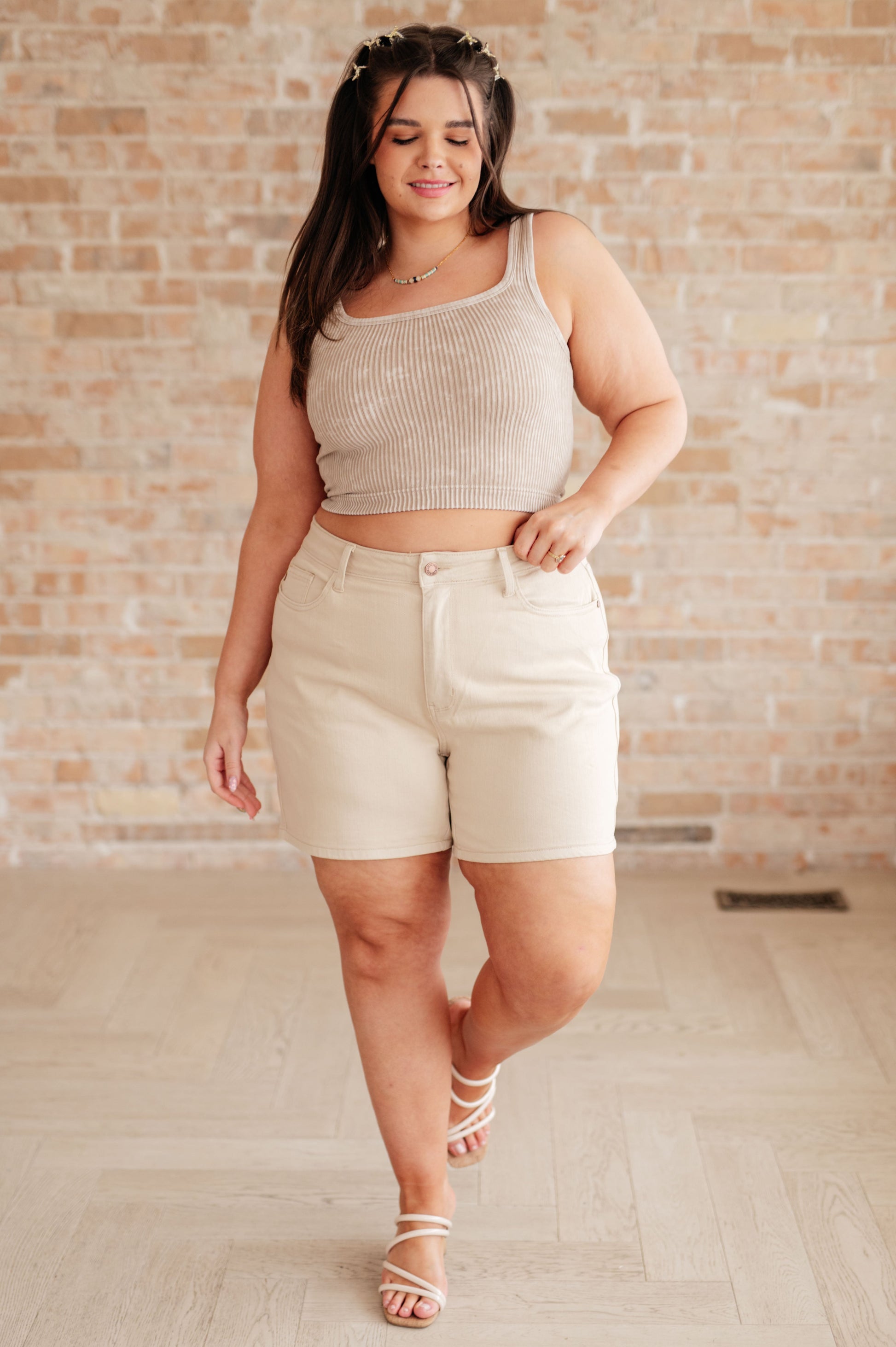 Greta High Rise Garment Dyed Shorts in Bone - Southern Divas Boutique