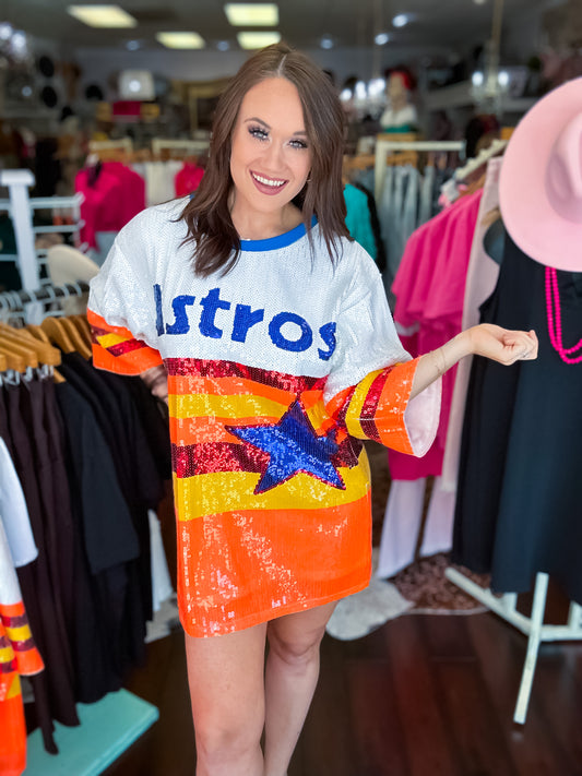 PREORDER* Houston Astros Sequin Dress Tunic - Neon Orange – Southern Divas  Boutique