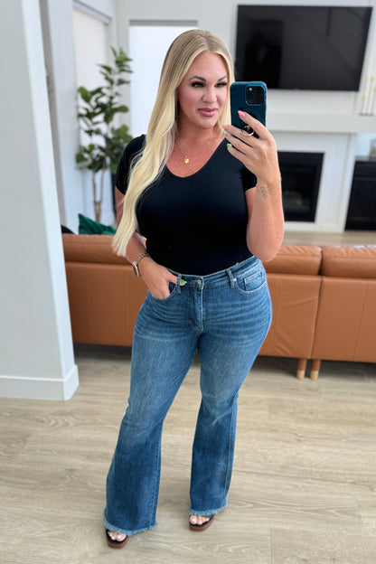 Miley High Waist Control Top Frayed Hem Flare Jeans - Southern Divas Boutique