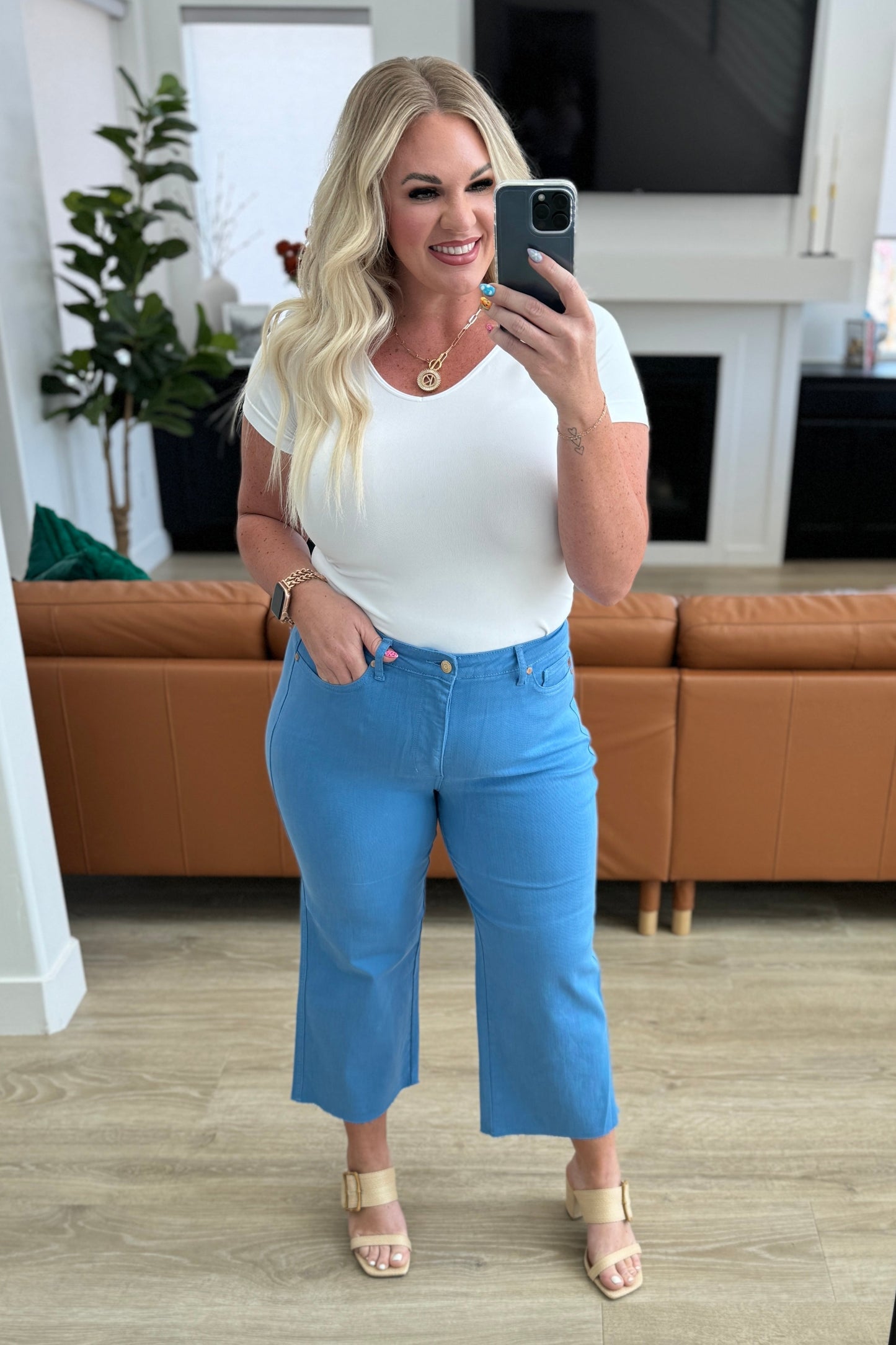 Lisa High Rise Control Top Wide Leg Crop Jeans in Sky Blue - Southern Divas Boutique