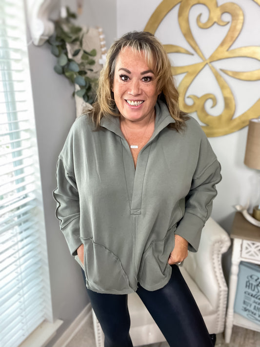 V-Neck Side Pockets Dropped Dolman Sleeve Pullover - Olive - Southern Divas Boutique