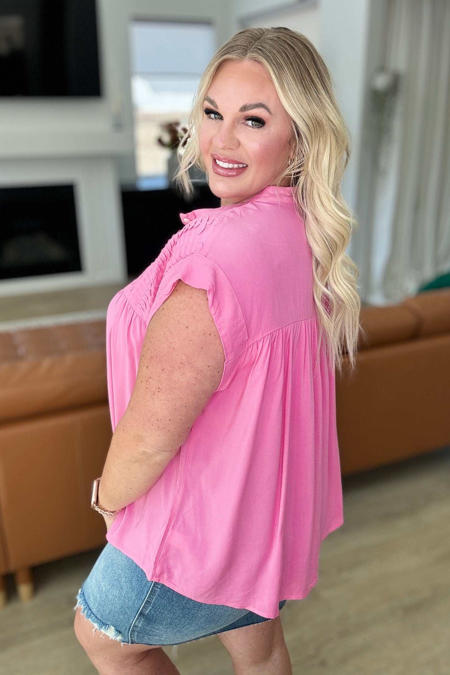 Pleat Detail Button Up Blouse in Pink Cosmos - Southern Divas Boutique