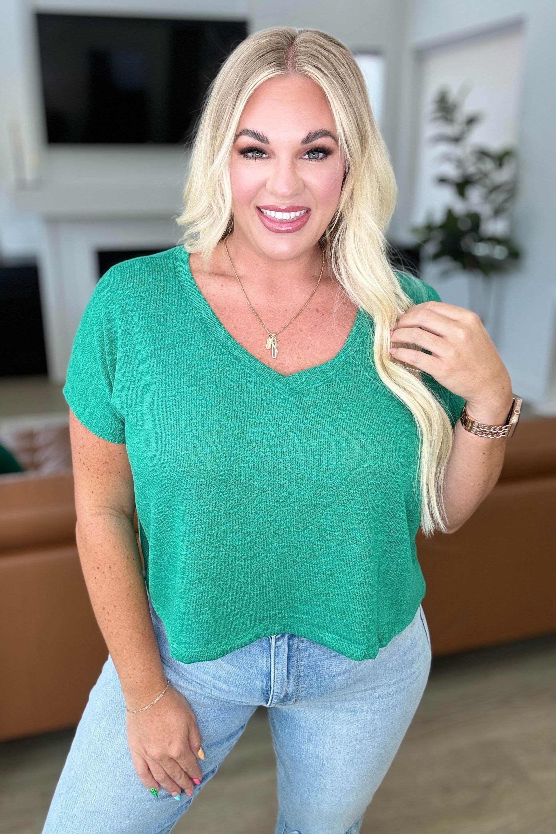 Classic Comfort V-Neck Top in Kelly Green - Southern Divas Boutique