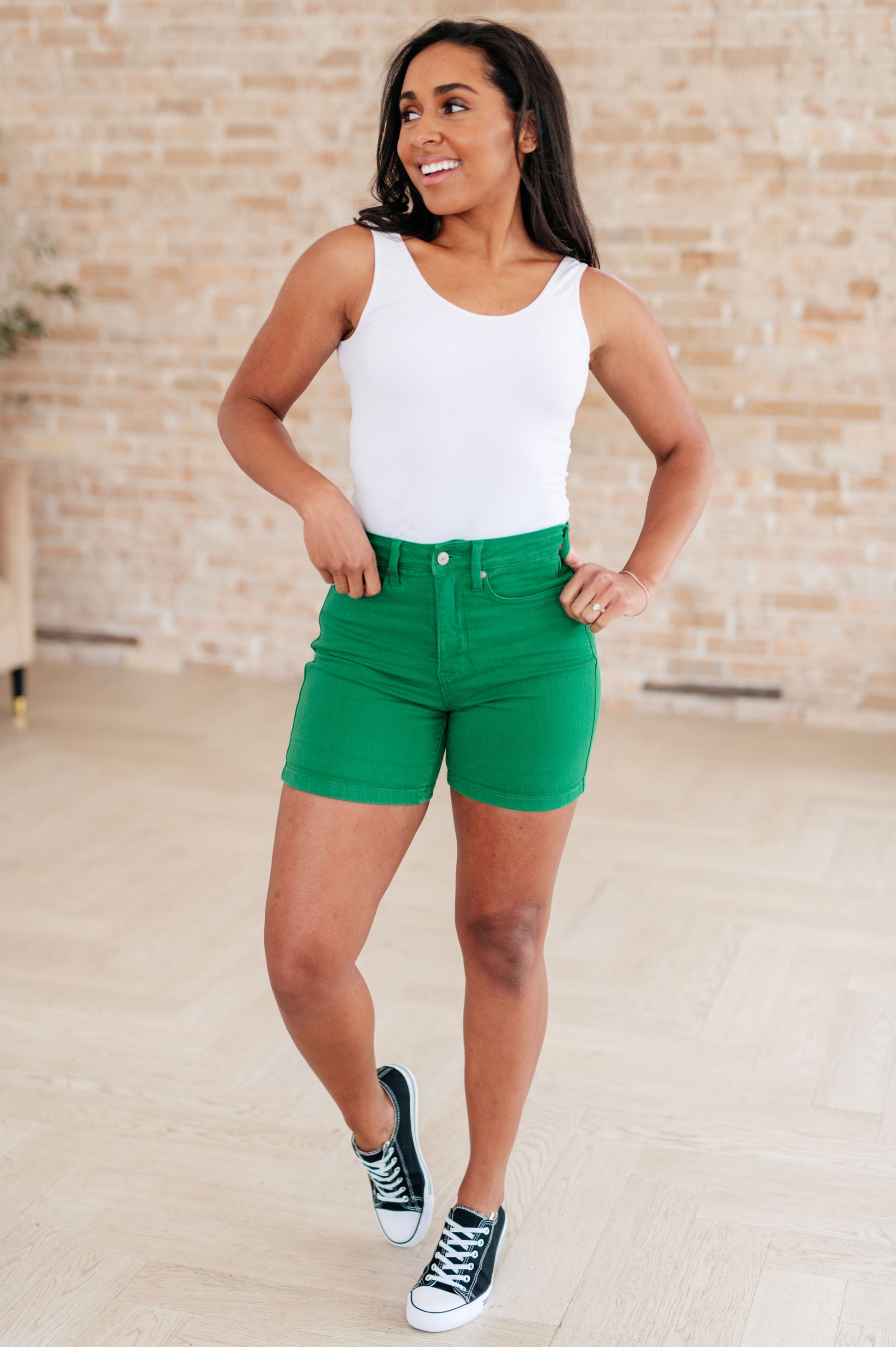 Jenna High Rise Control Top Cuffed Shorts in Green - Southern Divas Boutique