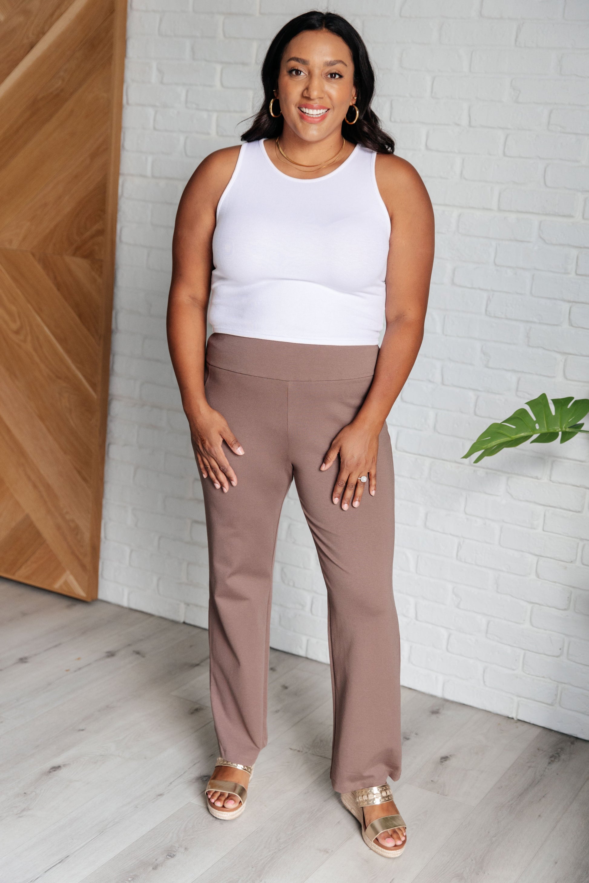 Maddie Straight Leg Pants in Dark Mocha - Southern Divas Boutique