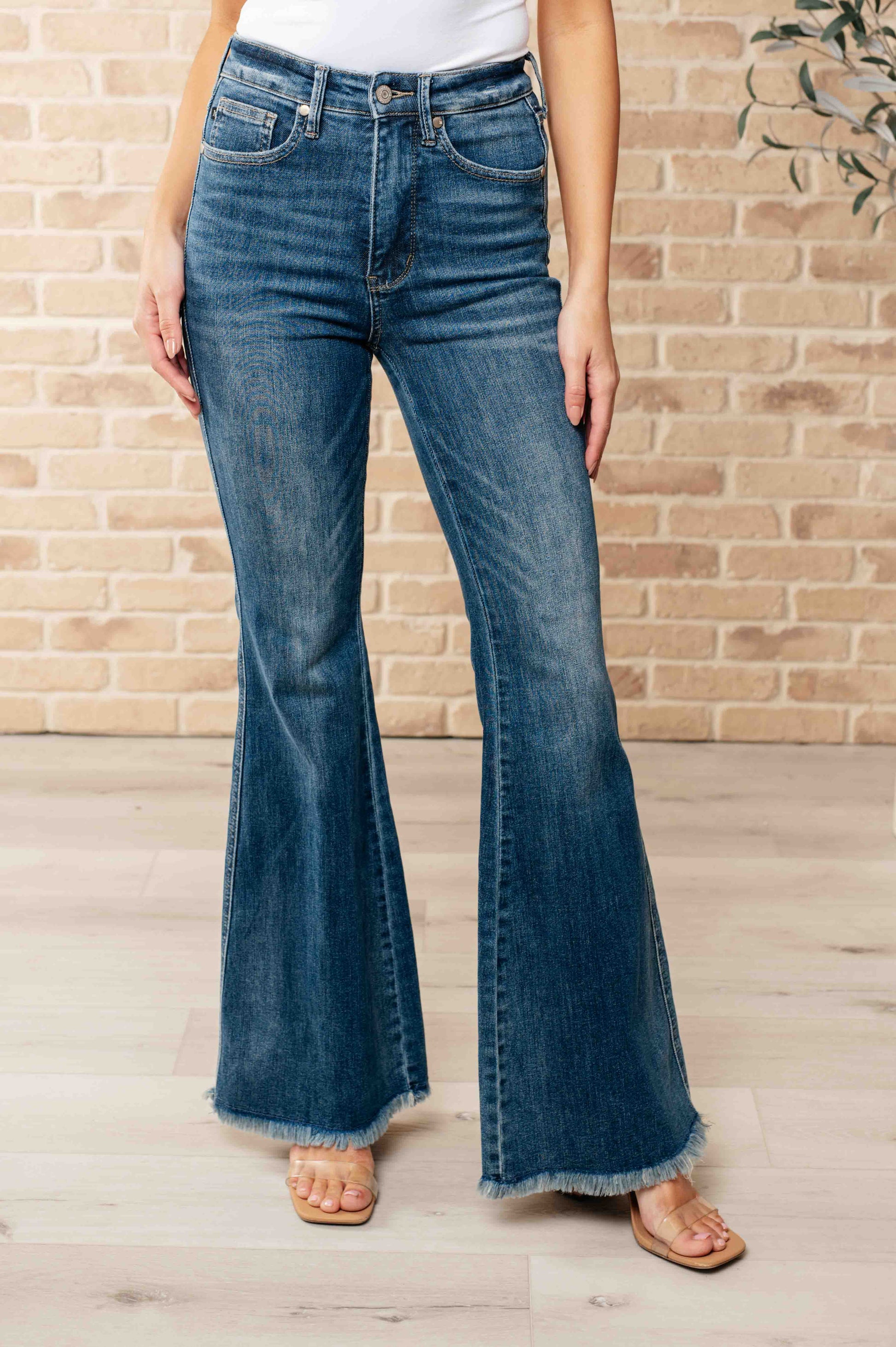 Miley High Waist Control Top Frayed Hem Flare Jeans - Southern Divas Boutique