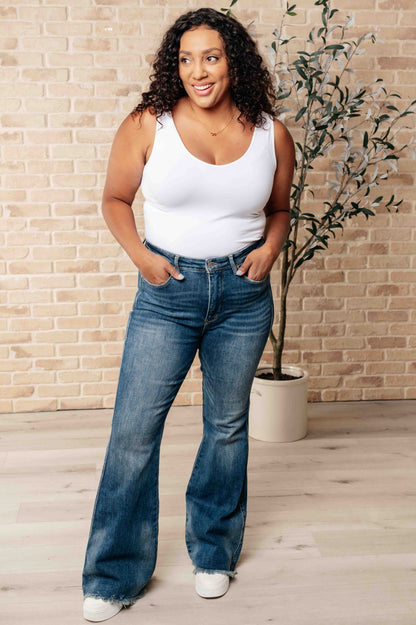 Miley High Waist Control Top Frayed Hem Flare Jeans - Southern Divas Boutique