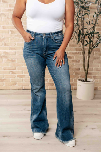 Miley High Waist Control Top Frayed Hem Flare Jeans - Southern Divas Boutique