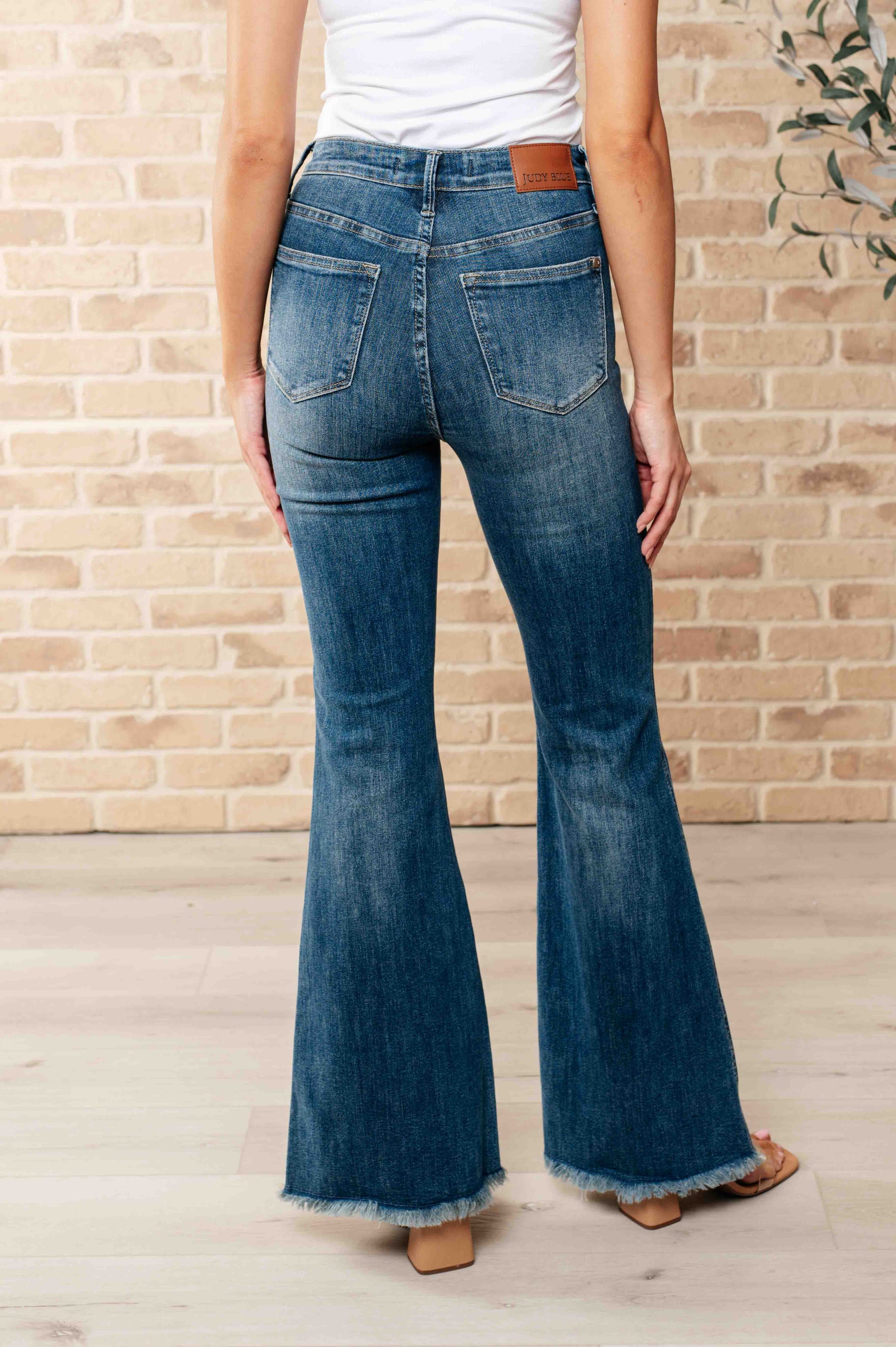 Miley High Waist Control Top Frayed Hem Flare Jeans - Southern Divas Boutique