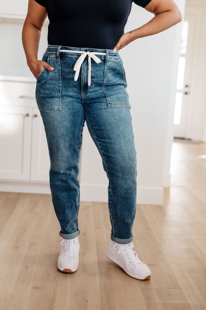 Payton Pull On Denim Joggers in Medium Wash - Southern Divas Boutique