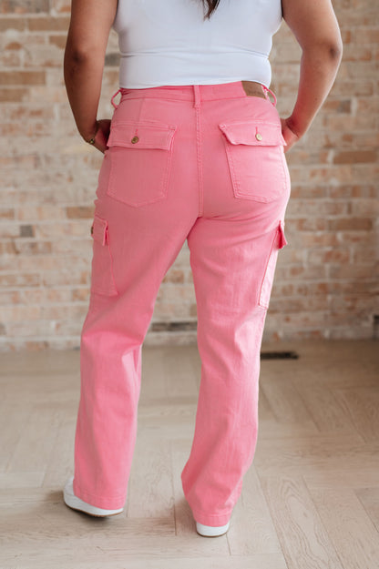 Peggy High Rise Cargo Straight Jeans in Pink - Southern Divas Boutique