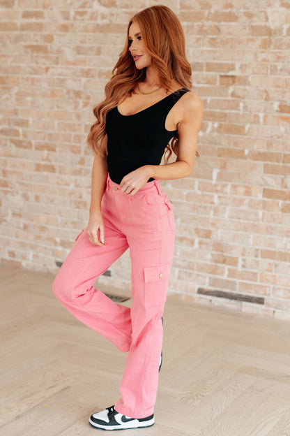 Peggy High Rise Cargo Straight Jeans in Pink - Southern Divas Boutique