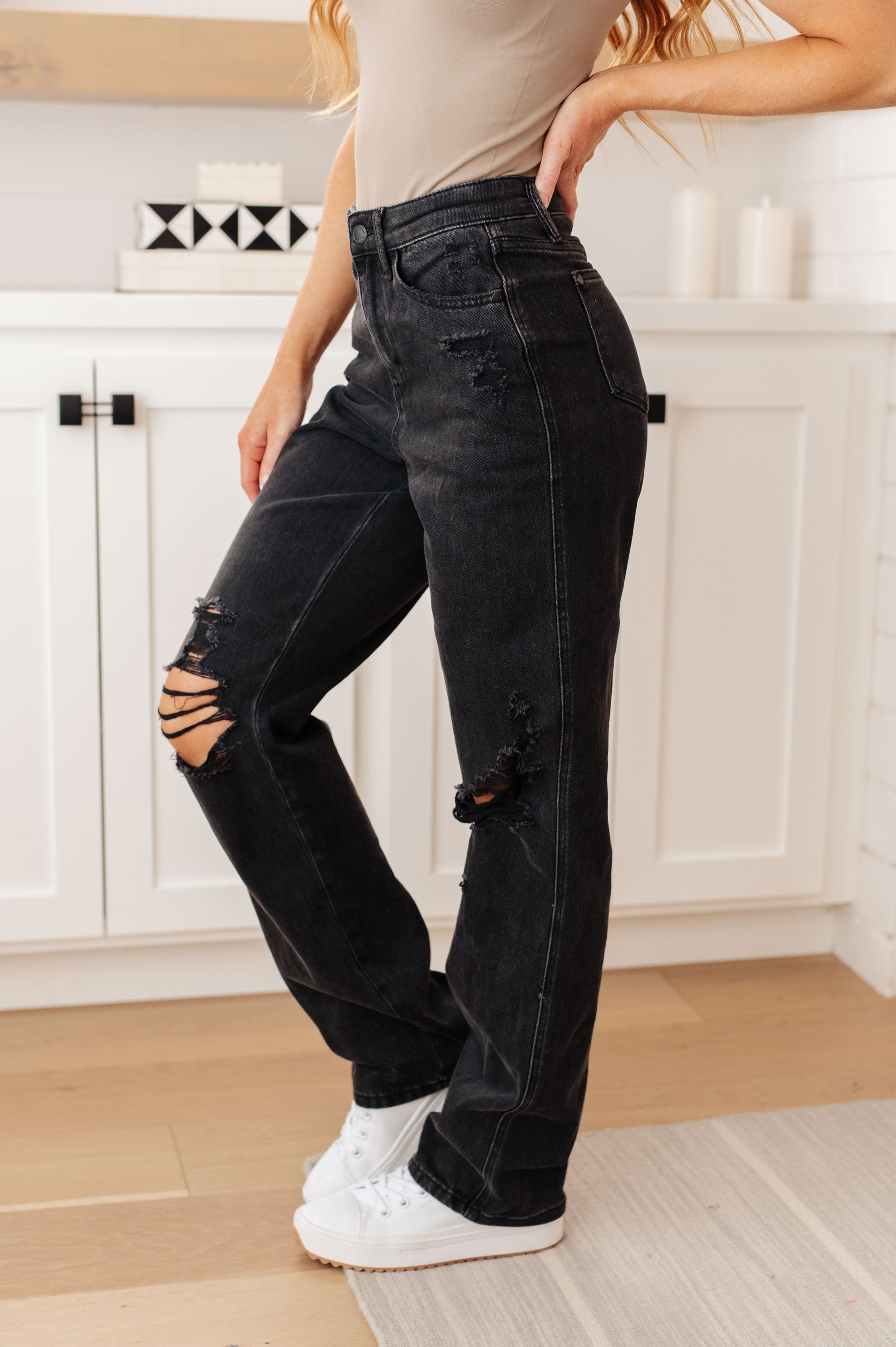 Susannah High Rise Rigid Magic 90's Distressed Straight Jeans in Black - Southern Divas Boutique