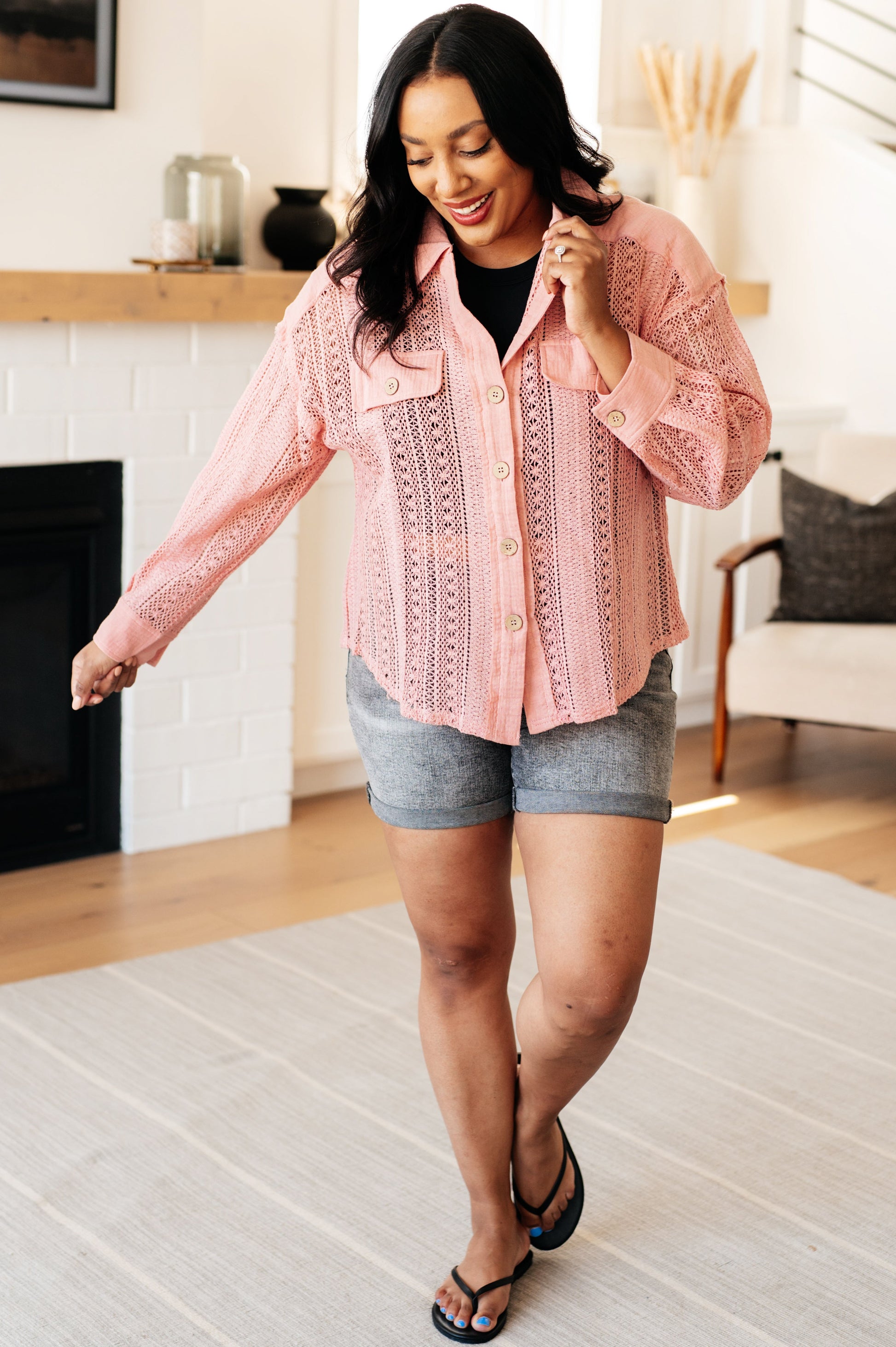 Sweeter Than Nectar Lace Button Down in Rose - Southern Divas Boutique