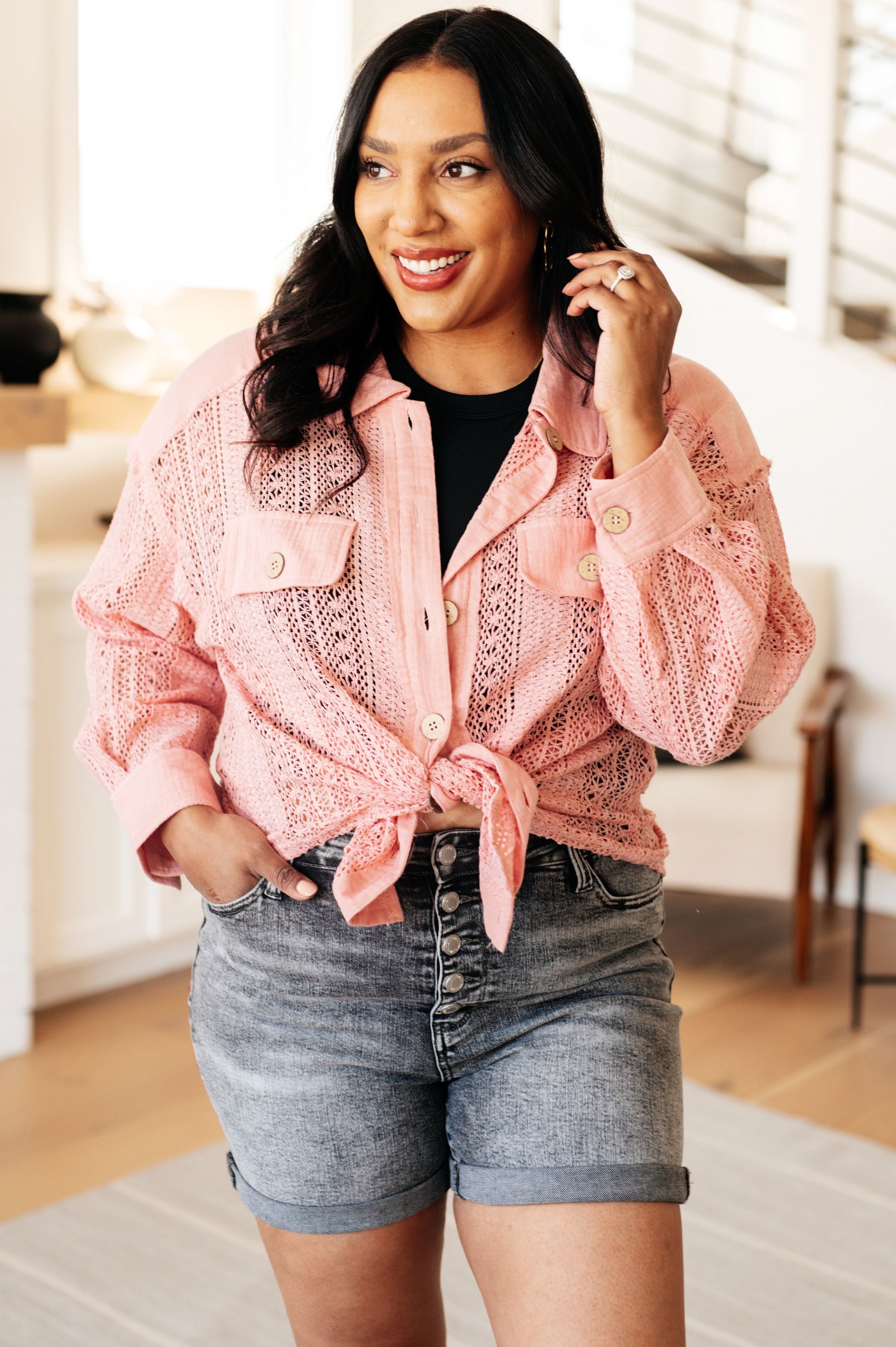 Sweeter Than Nectar Lace Button Down in Rose - Southern Divas Boutique