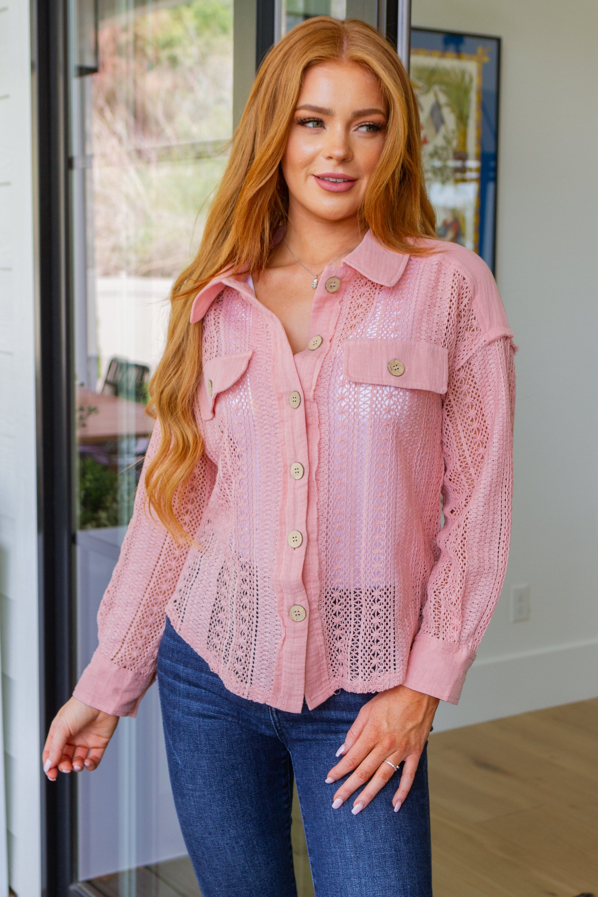 Sweeter Than Nectar Lace Button Down in Rose - Southern Divas Boutique