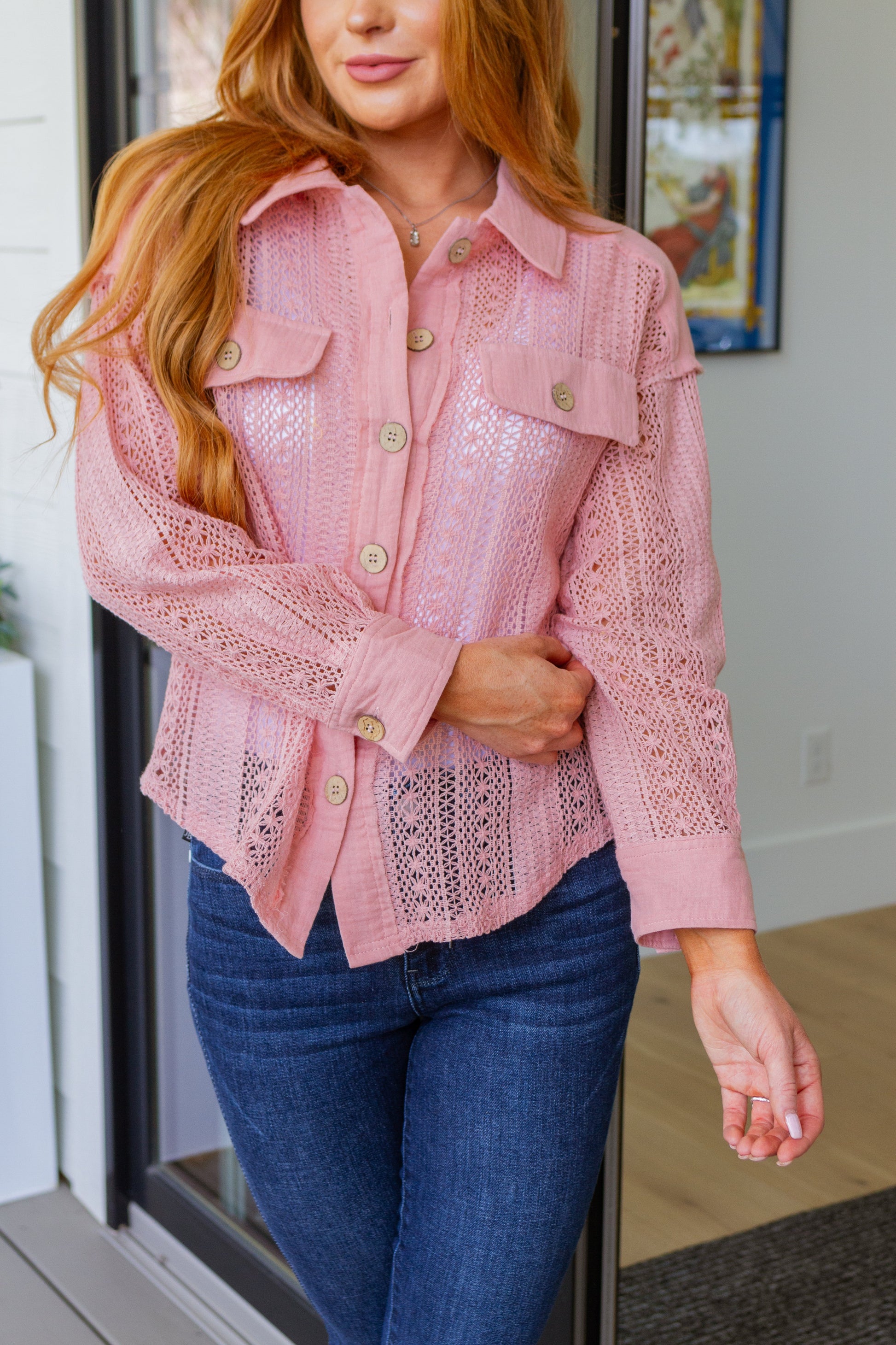 Sweeter Than Nectar Lace Button Down in Rose - Southern Divas Boutique
