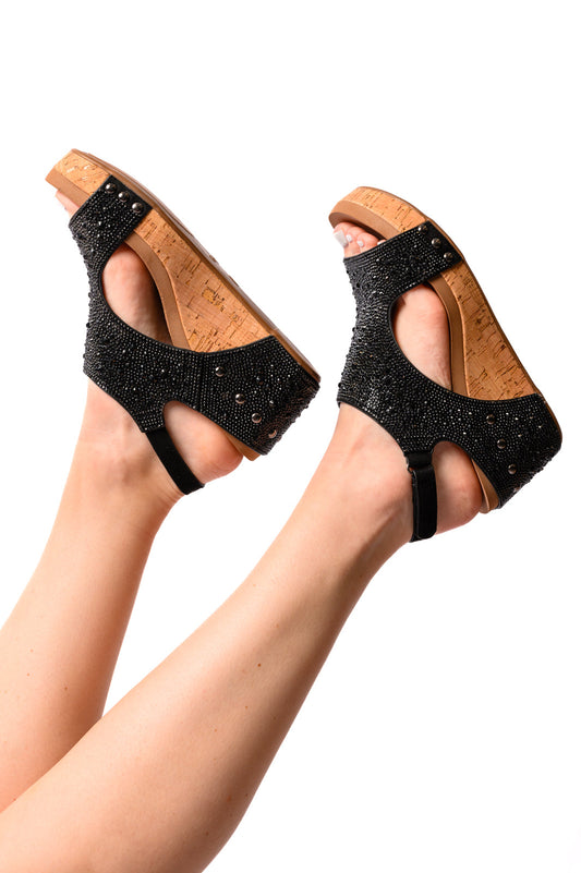 Ashley Wedge Sandals in Black Rhinestone - Southern Divas Boutique