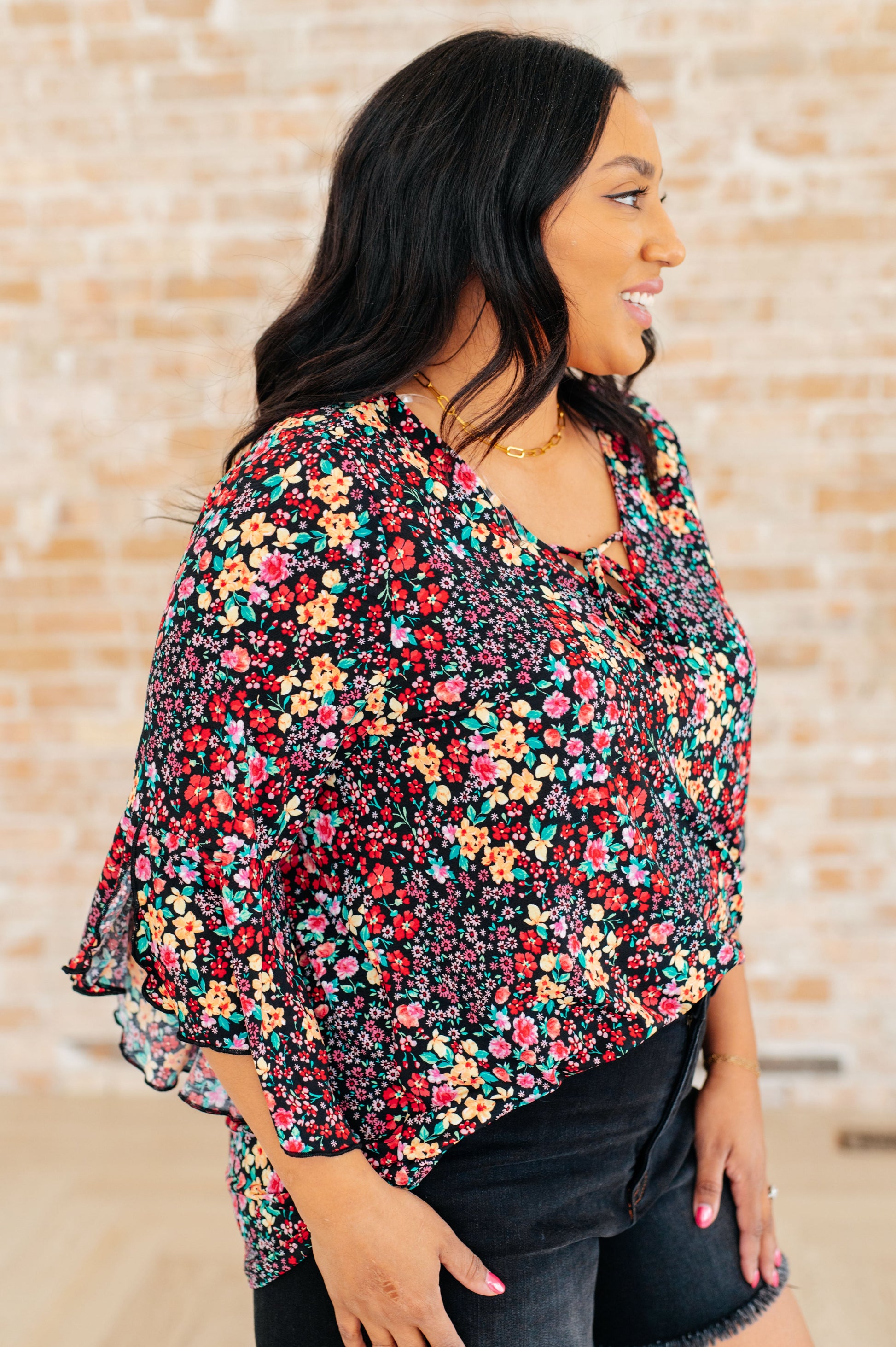 Willow Bell Sleeve Top in Black Multi Ditsy Floral - Southern Divas Boutique