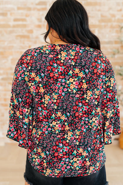 Willow Bell Sleeve Top in Black Multi Ditsy Floral - Southern Divas Boutique