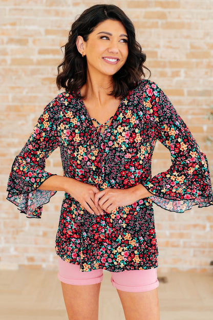 Willow Bell Sleeve Top in Black Multi Ditsy Floral - Southern Divas Boutique