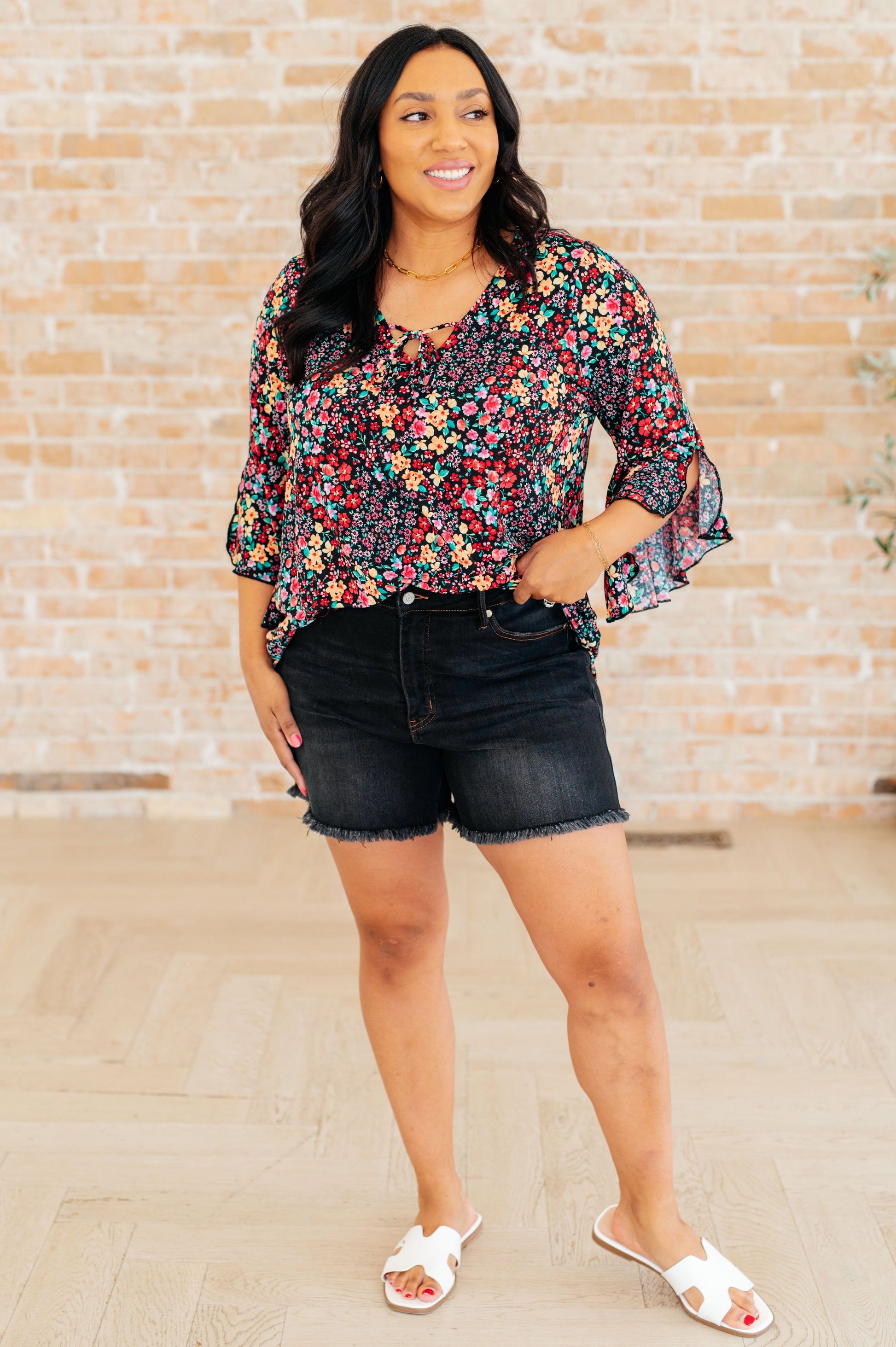 Willow Bell Sleeve Top in Black Multi Ditsy Floral - Southern Divas Boutique