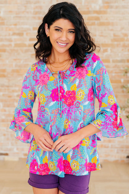 Willow Bell Sleeve Top in Bright Blue Floral - Southern Divas Boutique