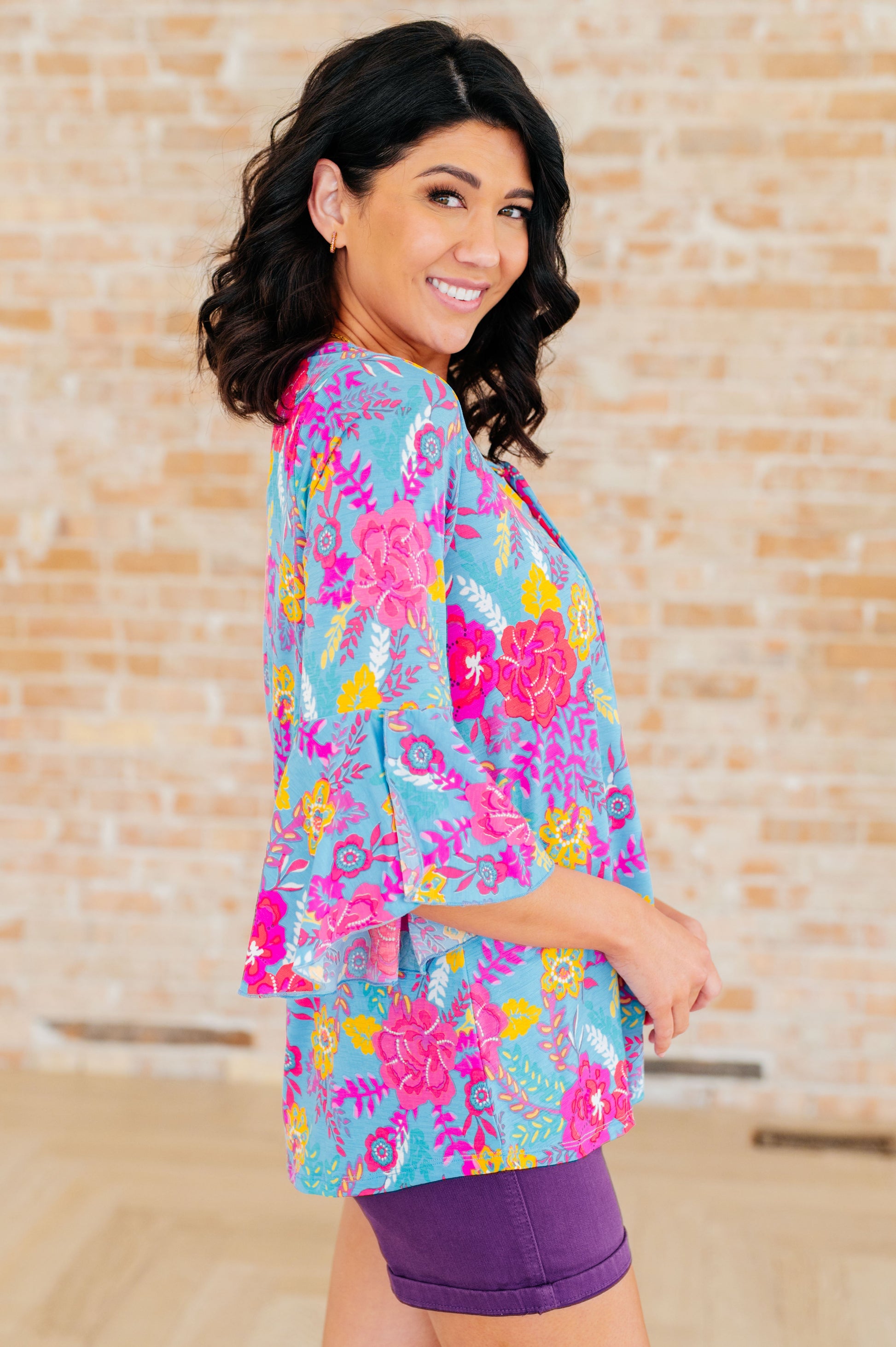 Willow Bell Sleeve Top in Bright Blue Floral - Southern Divas Boutique