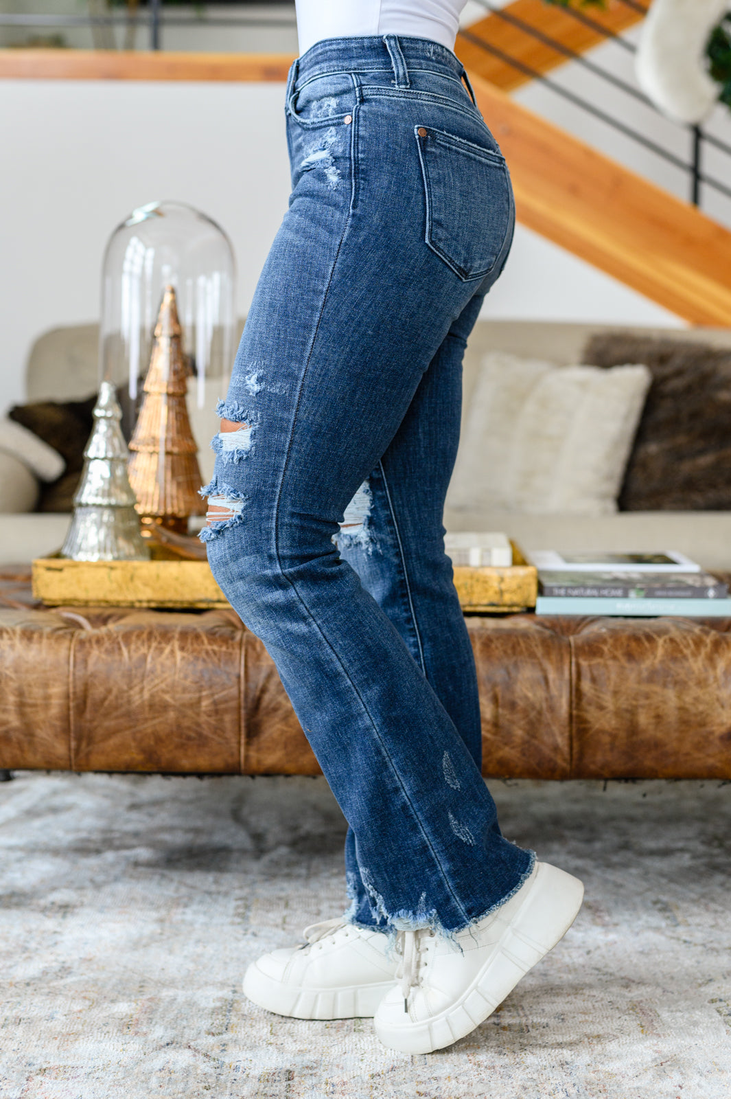 Christine High Contrast Slim Bootcut Destroyed Jeans - Southern Divas Boutique