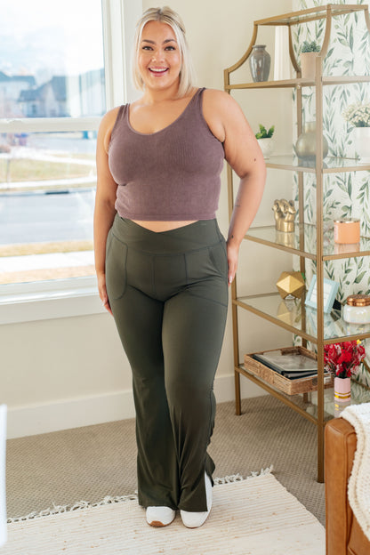 On the Move V Front Flare Leggings in Olive - Southern Divas Boutique