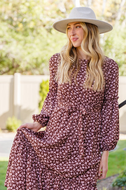 Flow With The Times Floral Midi Dress In Brown - Southern Divas Boutique
