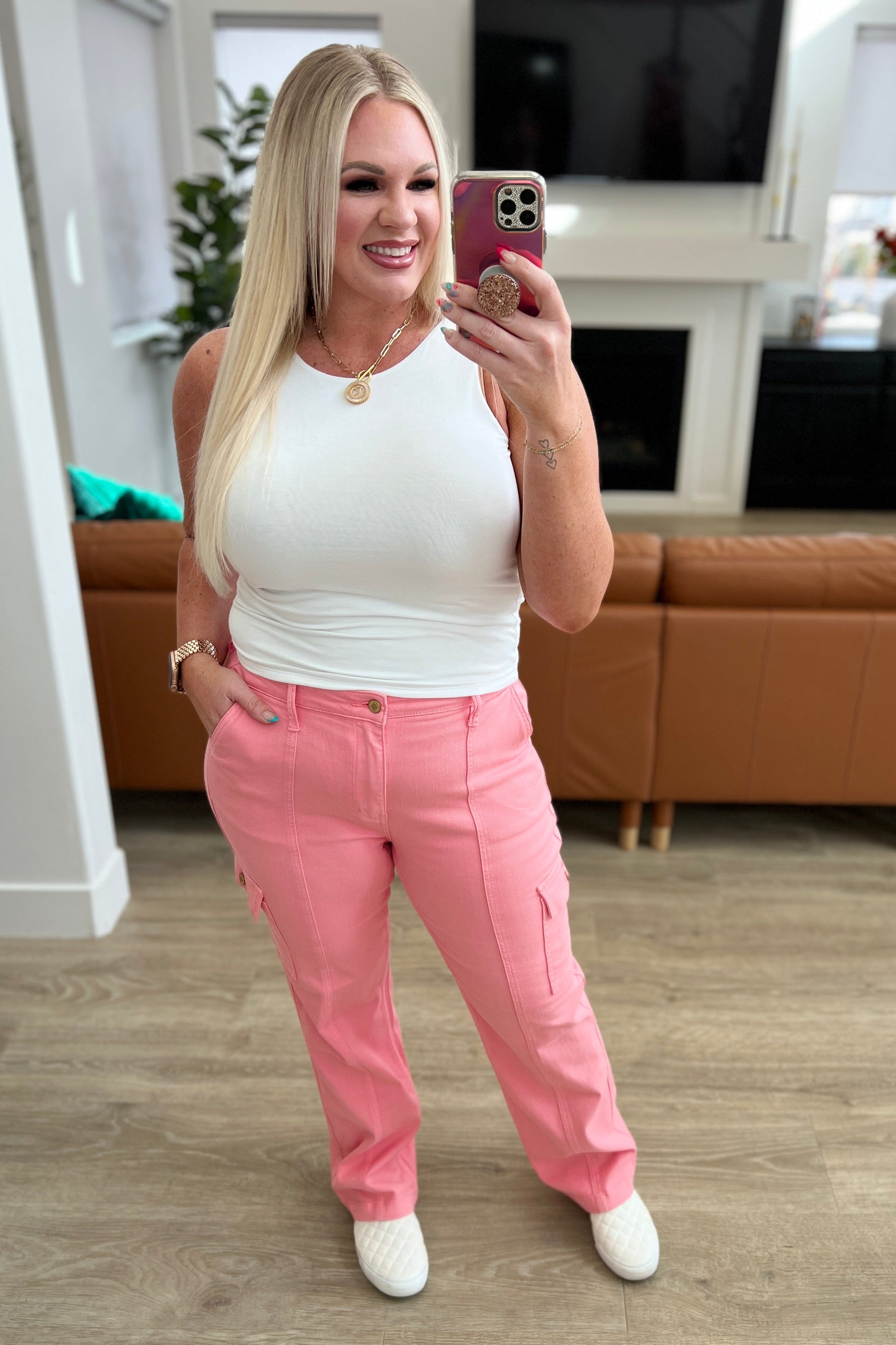 Peggy High Rise Cargo Straight Jeans in Pink - Southern Divas Boutique