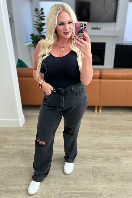 Susannah High Rise Rigid Magic 90's Distressed Straight Jeans in Black - Southern Divas Boutique