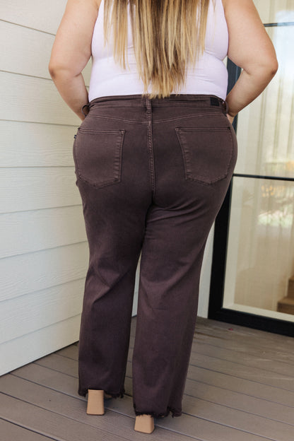 Sybil High Rise Frayed Hem 90's Straight Jeans in Brown - Southern Divas Boutique